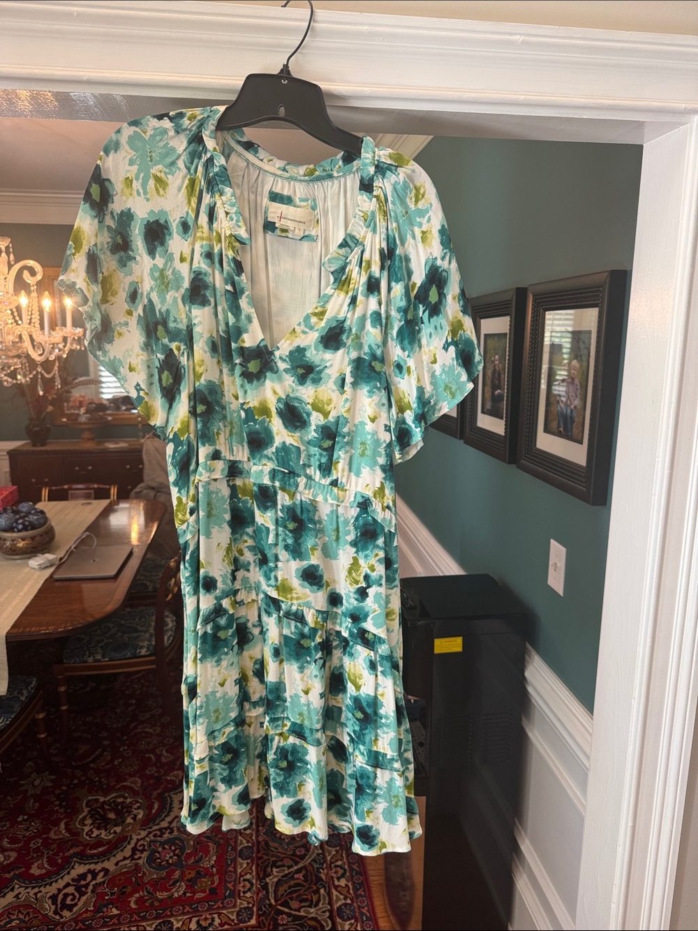 Anthropologie Teal Green & White Floral Midi Dress